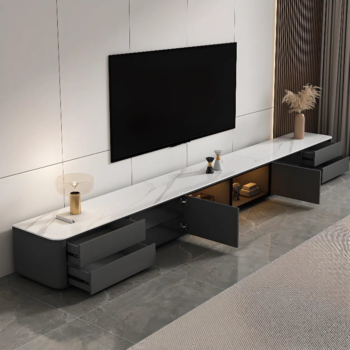Modern LED TV Stand with Drawers and Glass Cabinet Doors Image - 4
