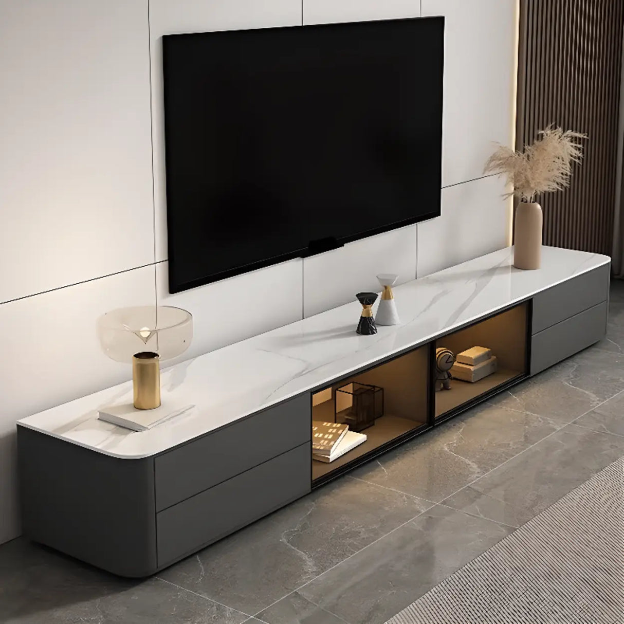 Modern LED TV Stand with Drawers and Glass Cabinet Doors Image - 6