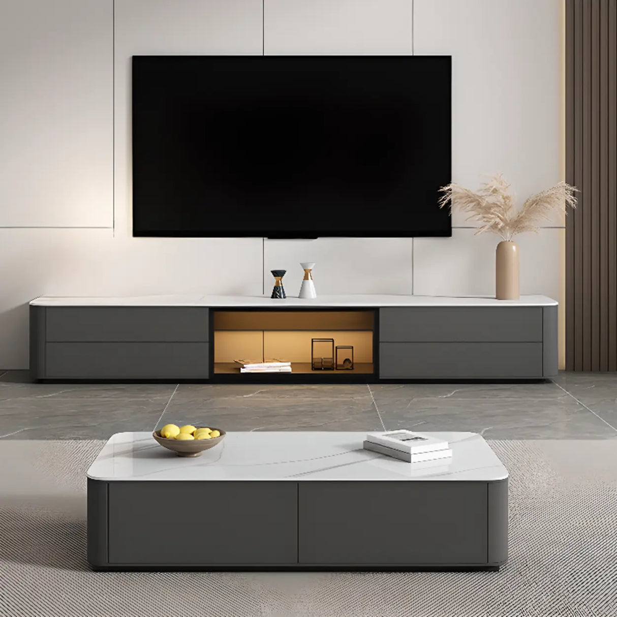 Modern LED TV Stand with Drawers and Glass Cabinet Doors Image - 7