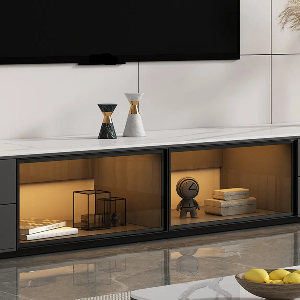 Modern LED TV Stand with Drawers and Glass Cabinet Doors Image - 8