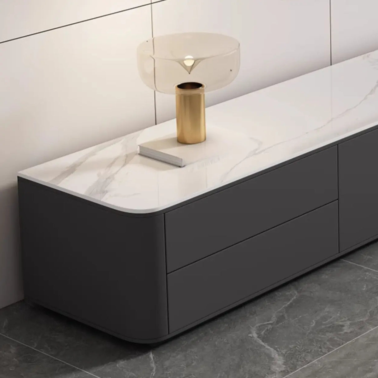 Modern LED TV Stand with Drawers and Glass Cabinet Doors Image - 9