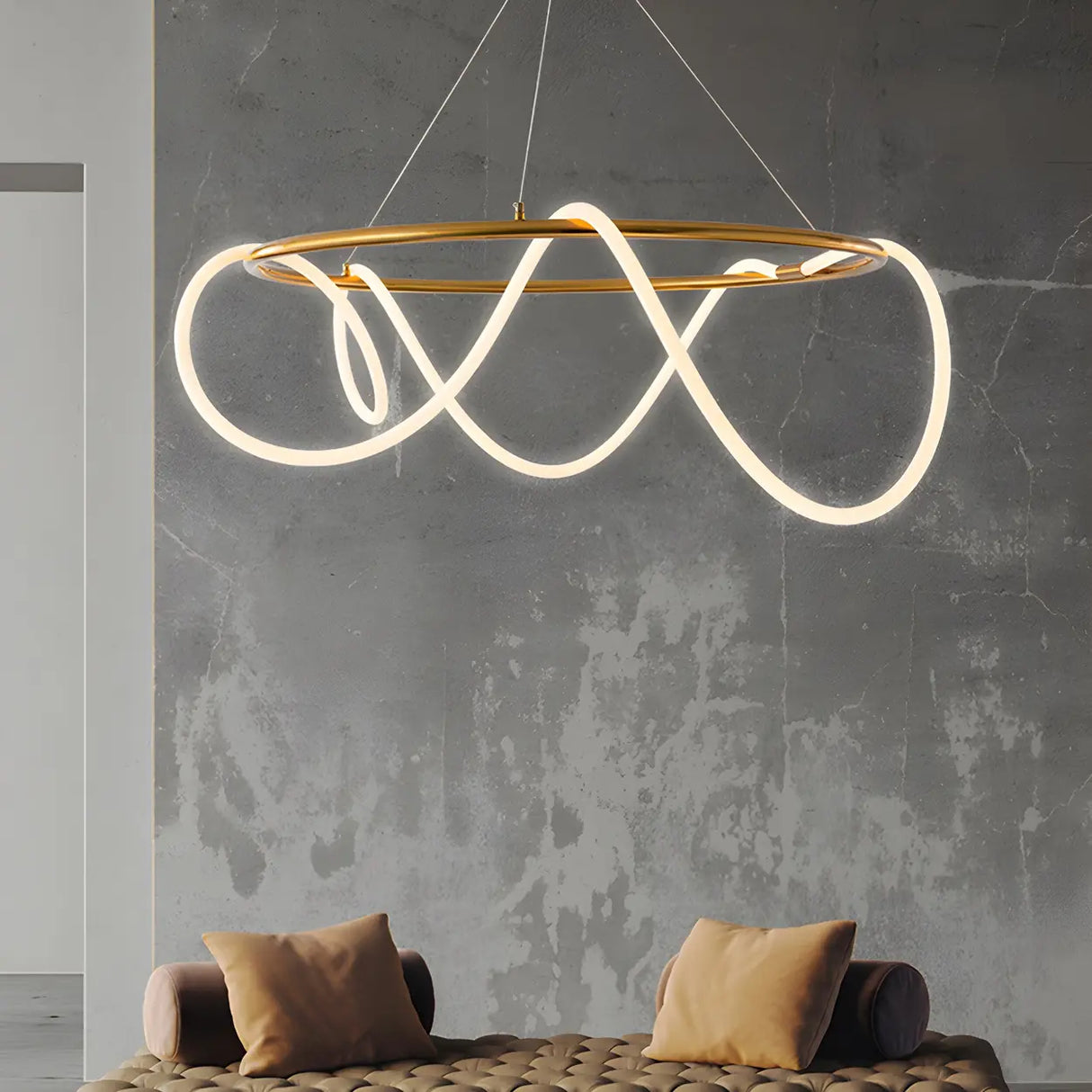 Modern Linear Twisted LED Ring Aluminum Chandelier Gold Image - 1