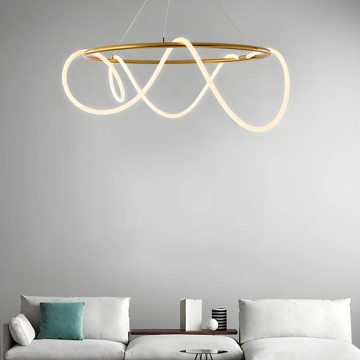 Modern Linear Twisted LED Ring Aluminum Chandelier Gold Image - 2
