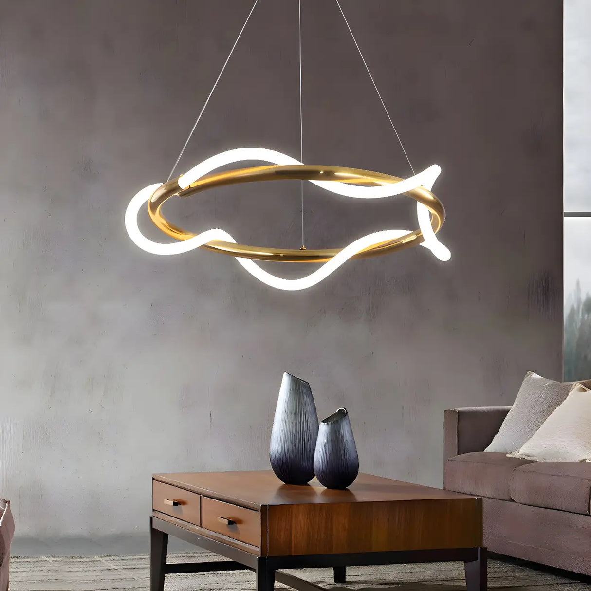 Modern Linear Twisted LED Ring Aluminum Chandelier Gold Image - 3