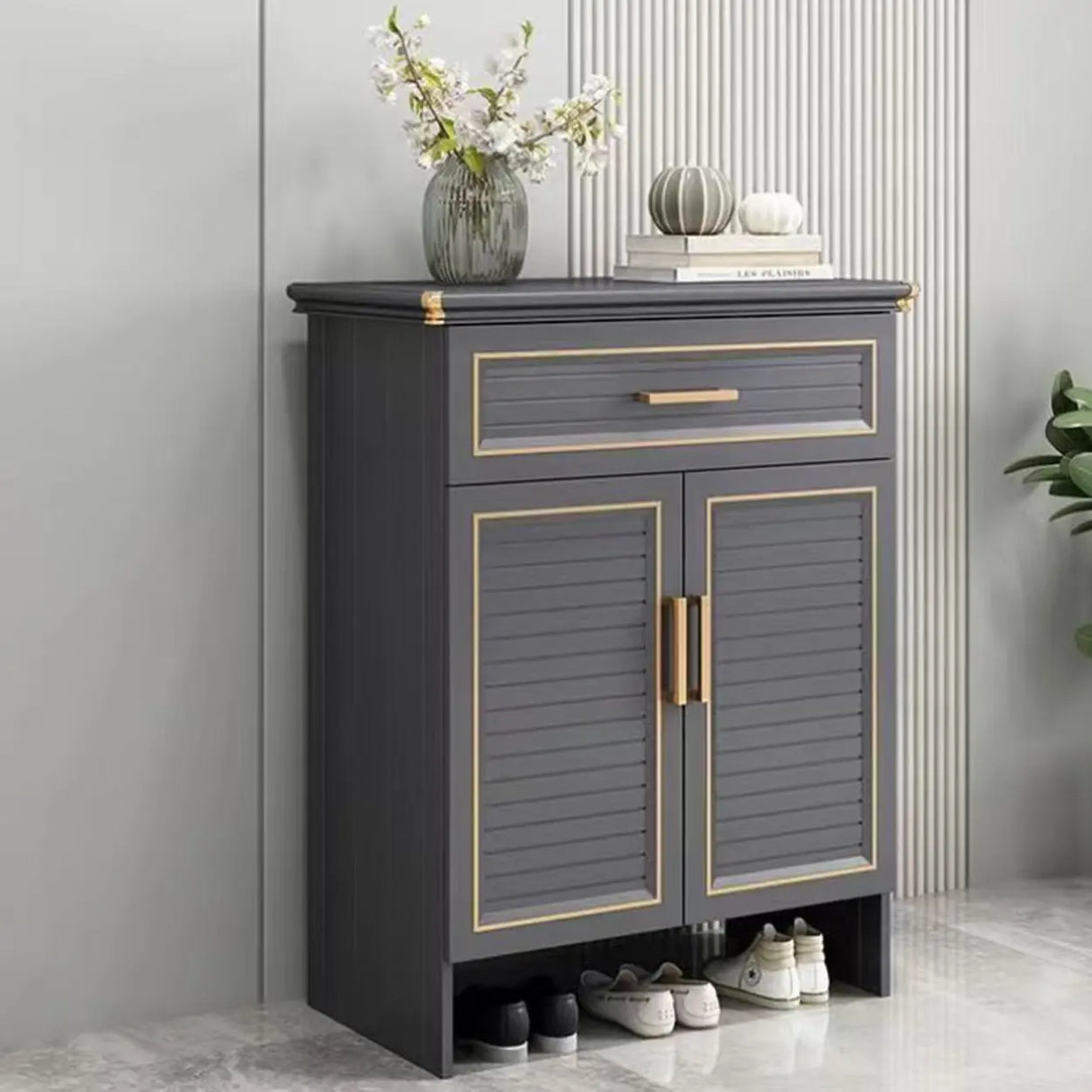 Modern Louver Wooden Entryway Gray Spacious Shoe Cabinet Image - 14