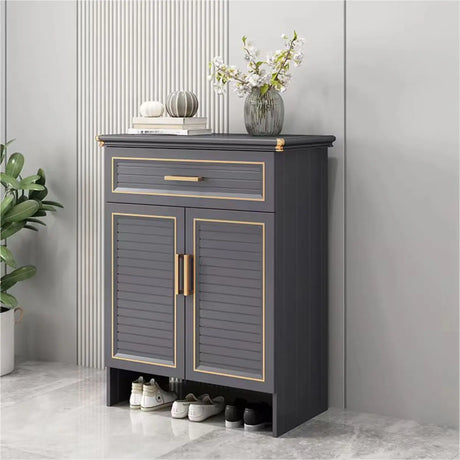 Modern Louver Wooden Entryway Gray Spacious Shoe Cabinet Image - 2