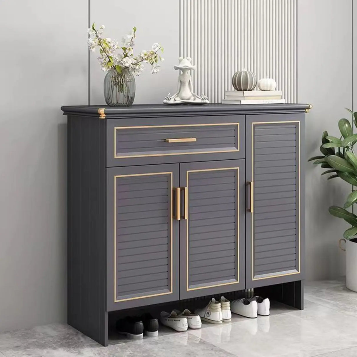 Modern Louver Wooden Entryway Gray Spacious Shoe Cabinet Image - 4