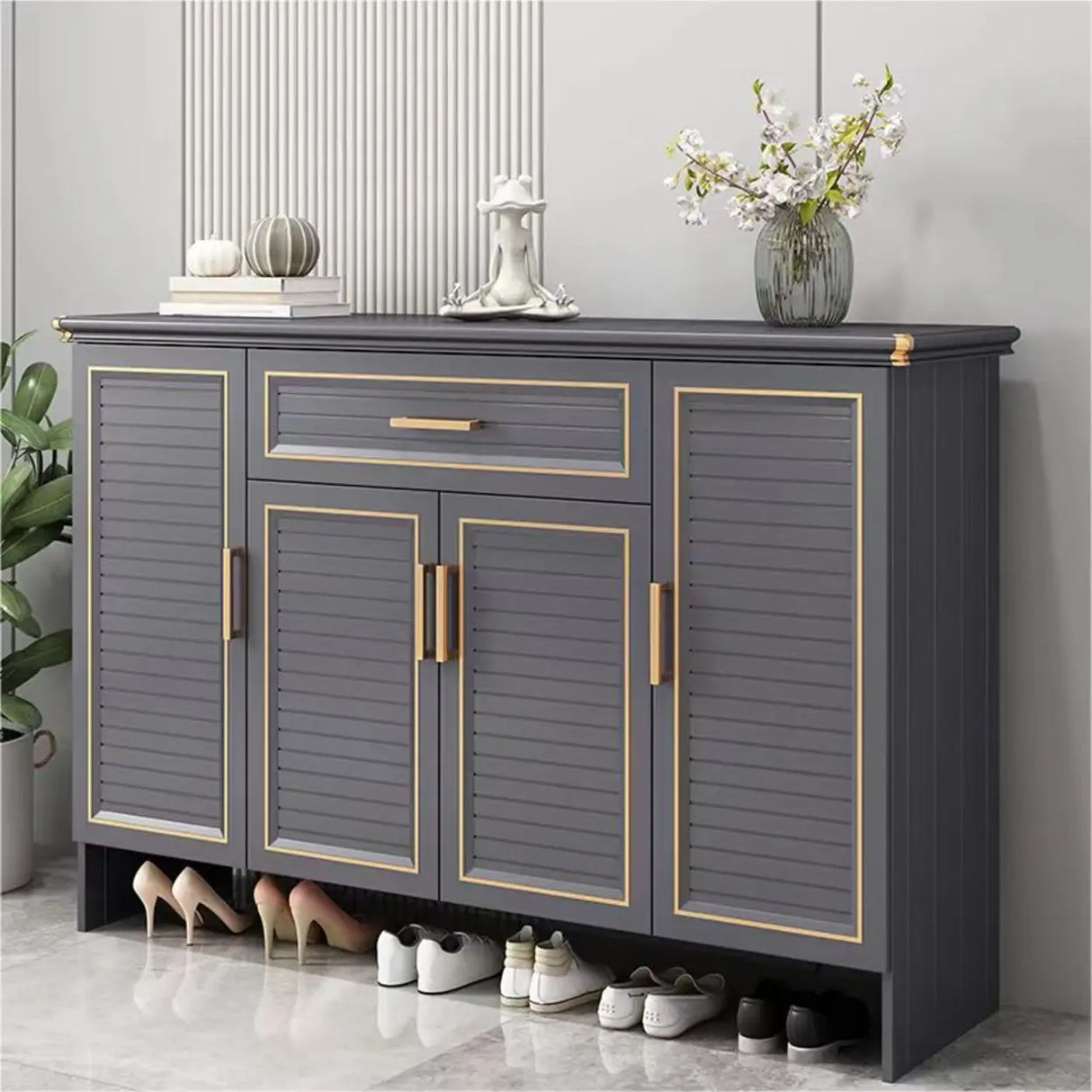 Modern Louver Wooden Entryway Gray Spacious Shoe Cabinet Image - 5