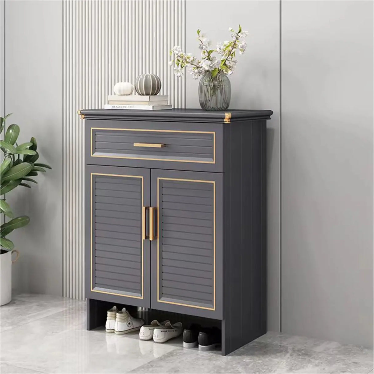 Modern Louver Wooden Entryway Gray Spacious Shoe Cabinet Image - 6