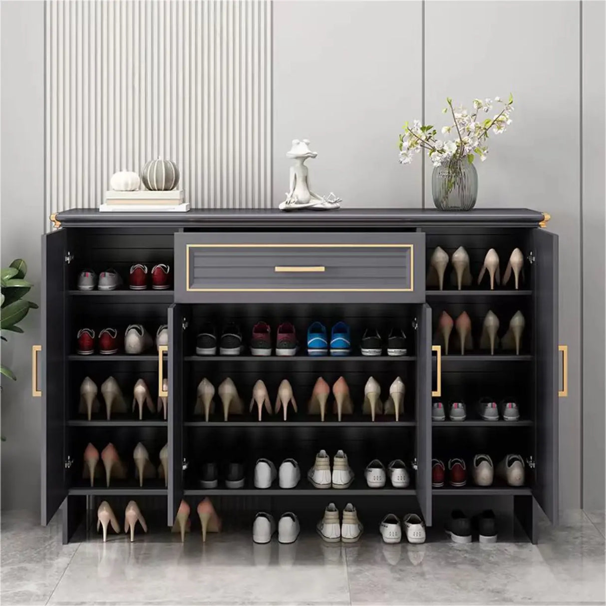 Modern Louver Wooden Entryway Gray Spacious Shoe Cabinet Image - 7