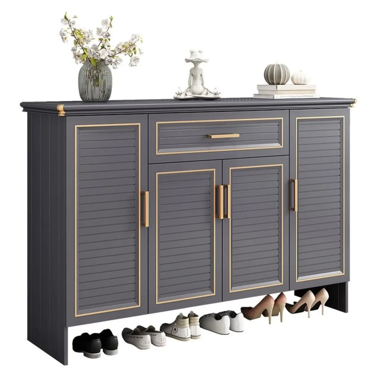 Modern Louver Wooden Entryway Gray Spacious Shoe Cabinet Image - 8