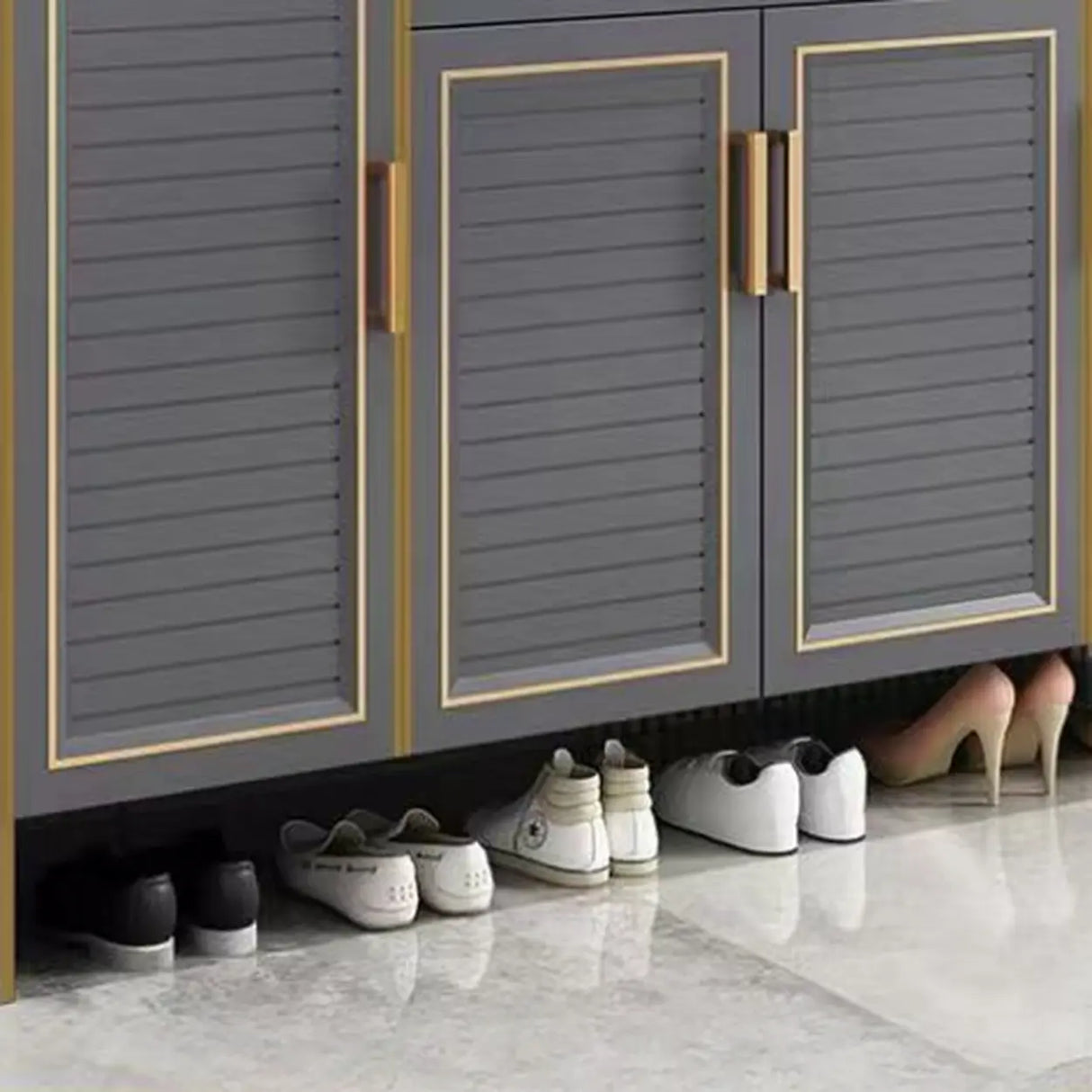 Modern Louver Wooden Entryway Gray Spacious Shoe Cabinet Image - 9