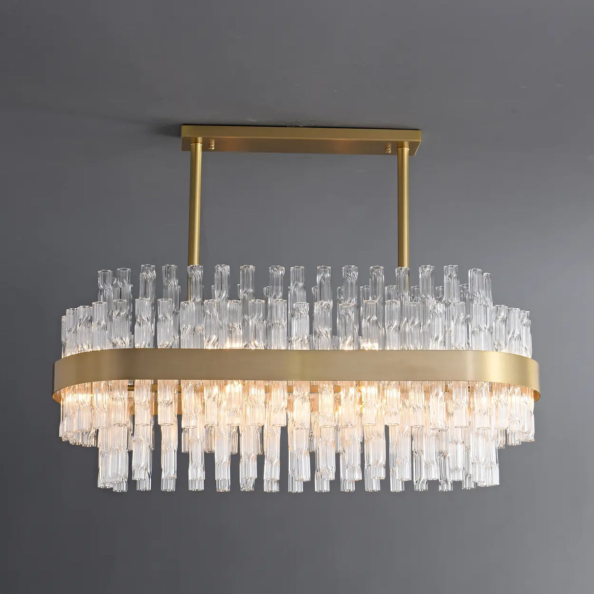Modern Luxury Brass Clear Glass Rod Oval Island Light Chandelier Image - 3