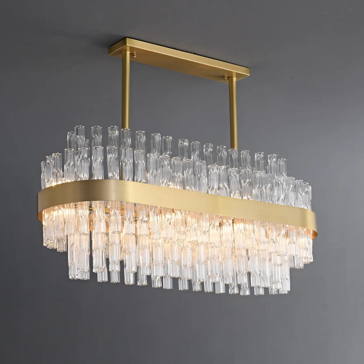 Modern Luxury Brass Clear Glass Rod Oval Island Light Chandelier Image - 4