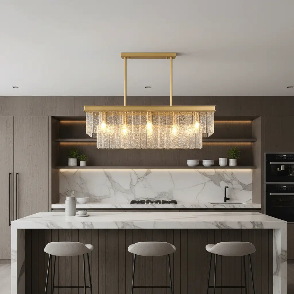 Modern Luxury Brass Glass Rectangular 2-Tier Island Lights Image - 10