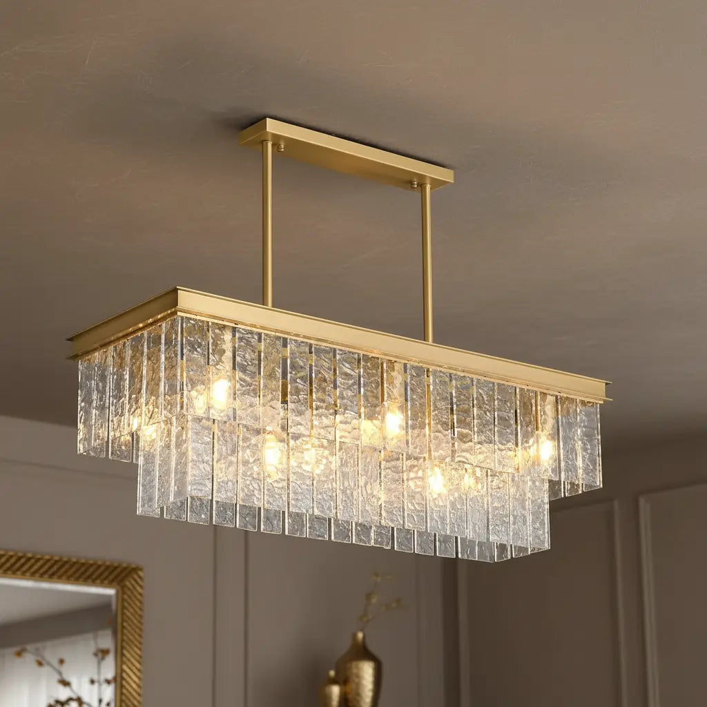 Modern Luxury Brass Glass Rectangular 2-Tier Island Lights Image - 11