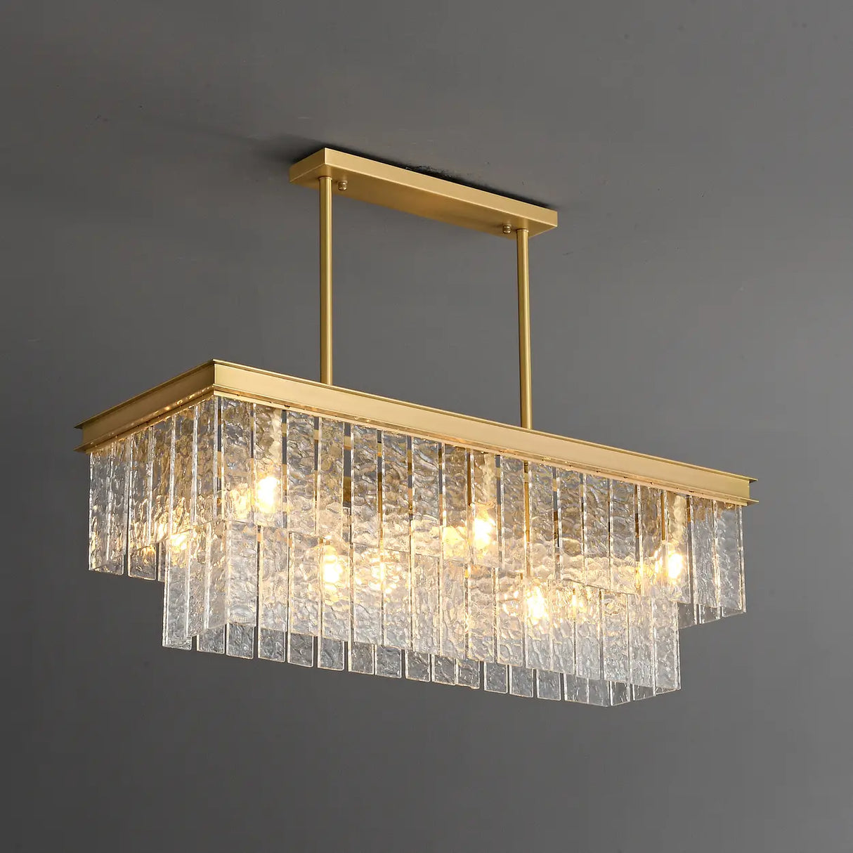 Modern Luxury Brass Glass Rectangular 2-Tier Island Lights Image - 2