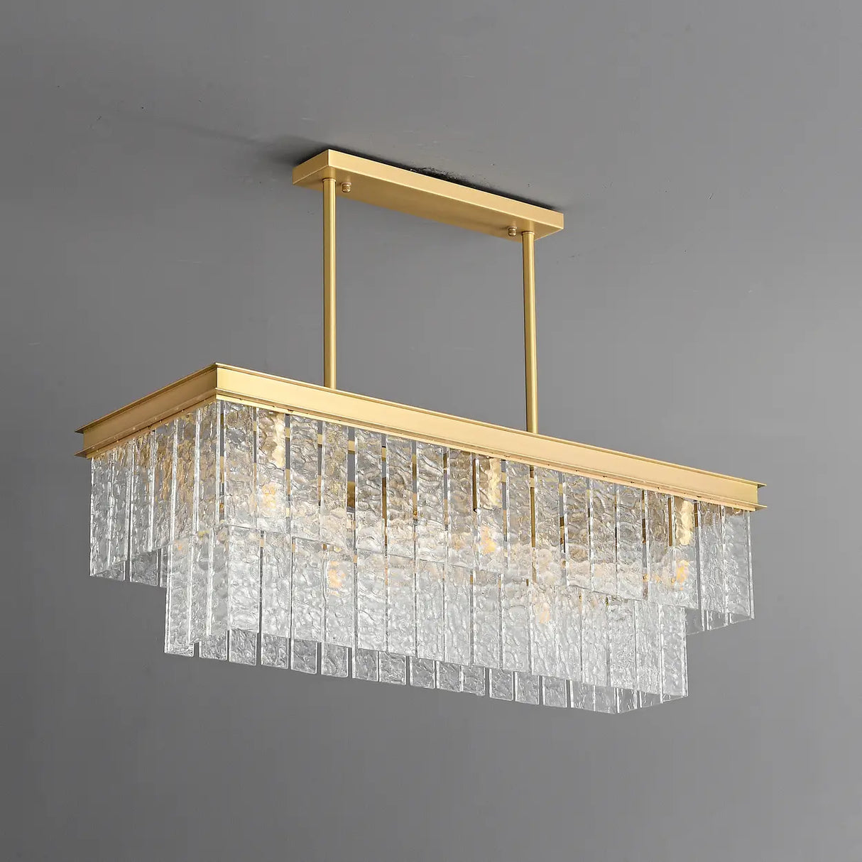 Modern Luxury Brass Glass Rectangular 2-Tier Island Lights Image - 3