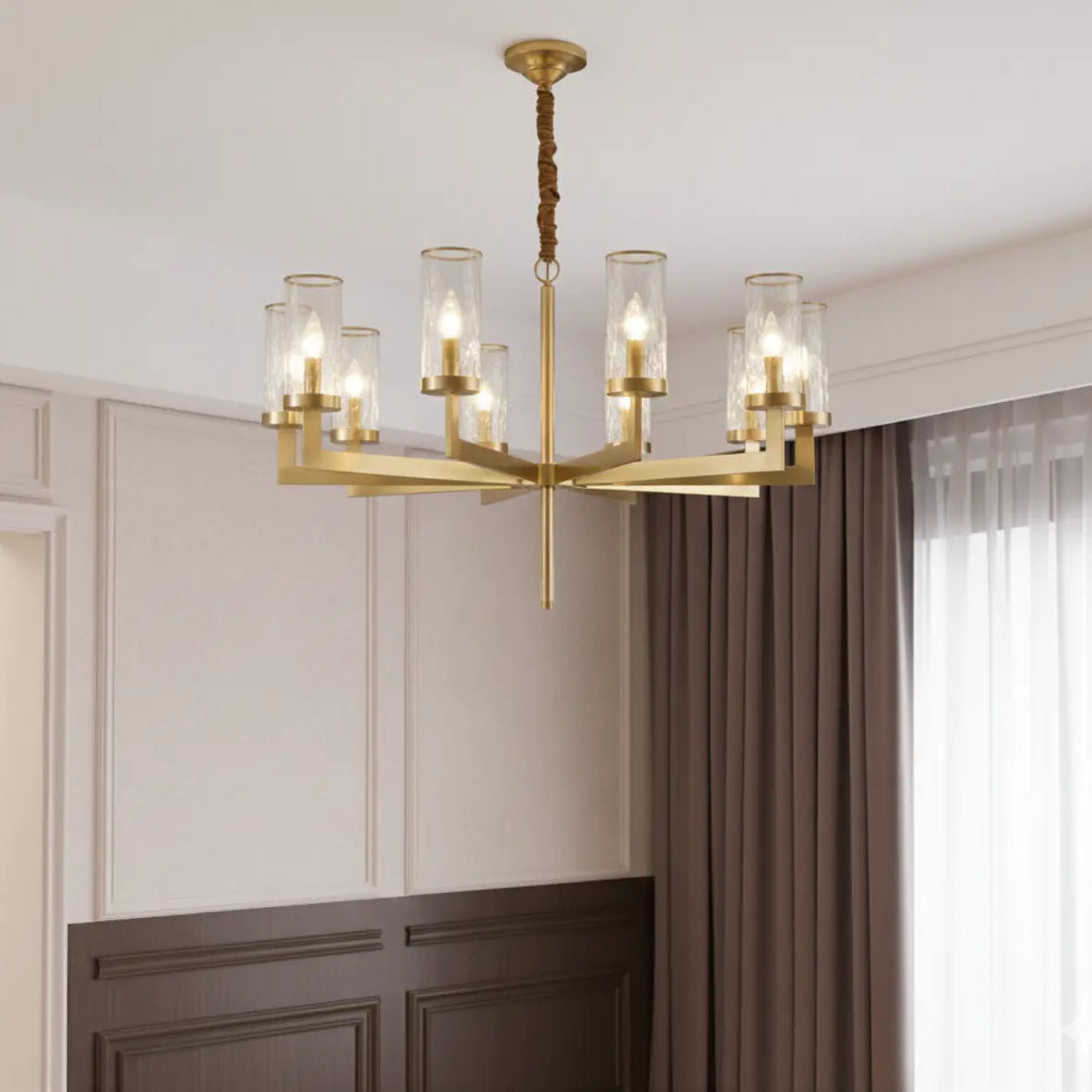 Modern Luxury Brass Textured Glass Cylinder Branch Chandelier Image - 1