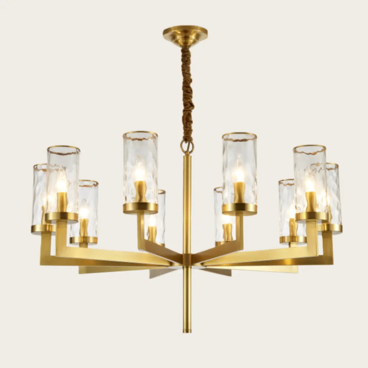 Modern Luxury Brass Textured Glass Cylinder Branch Chandelier Image - 10