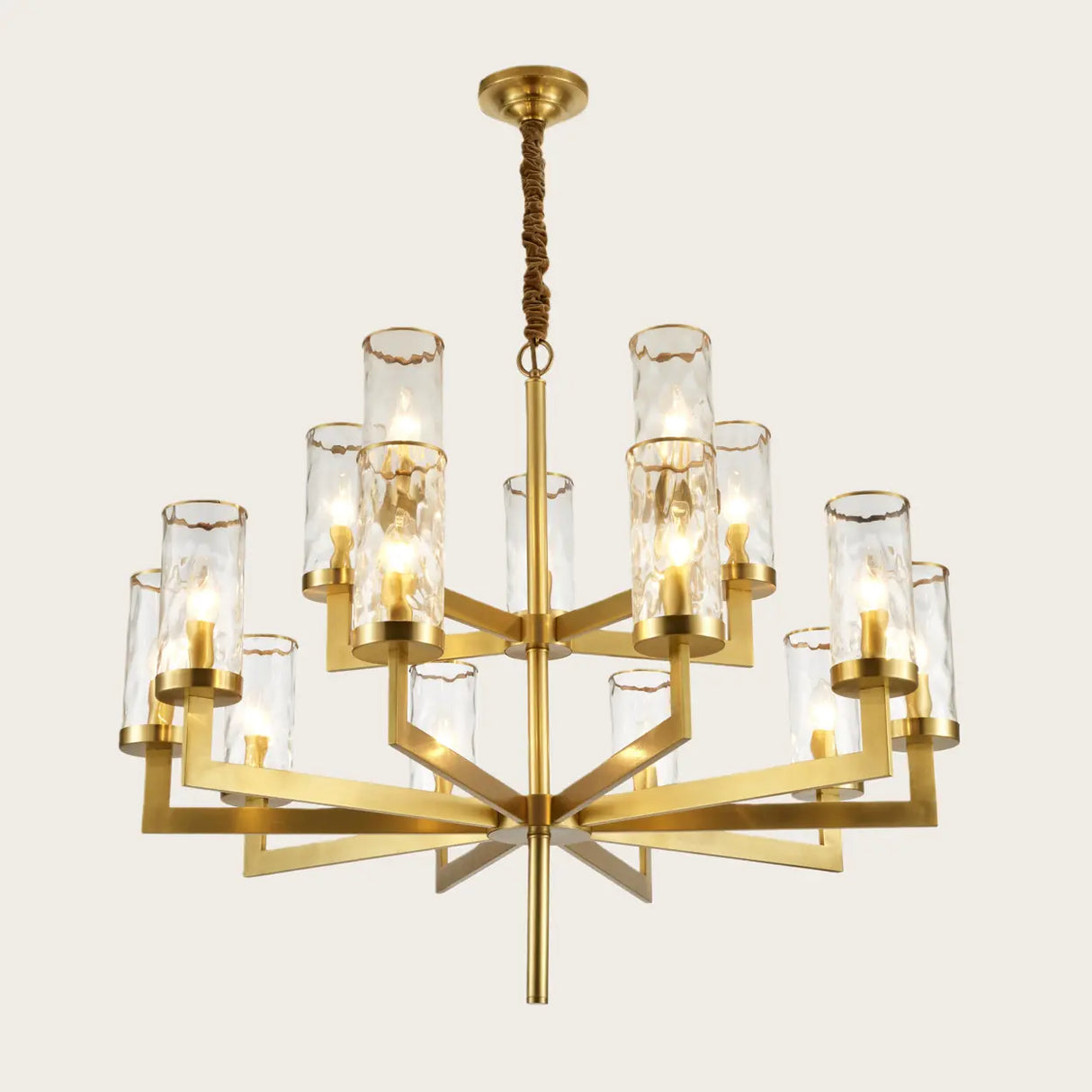 Modern Luxury Brass Textured Glass Cylinder Branch Chandelier Image - 11