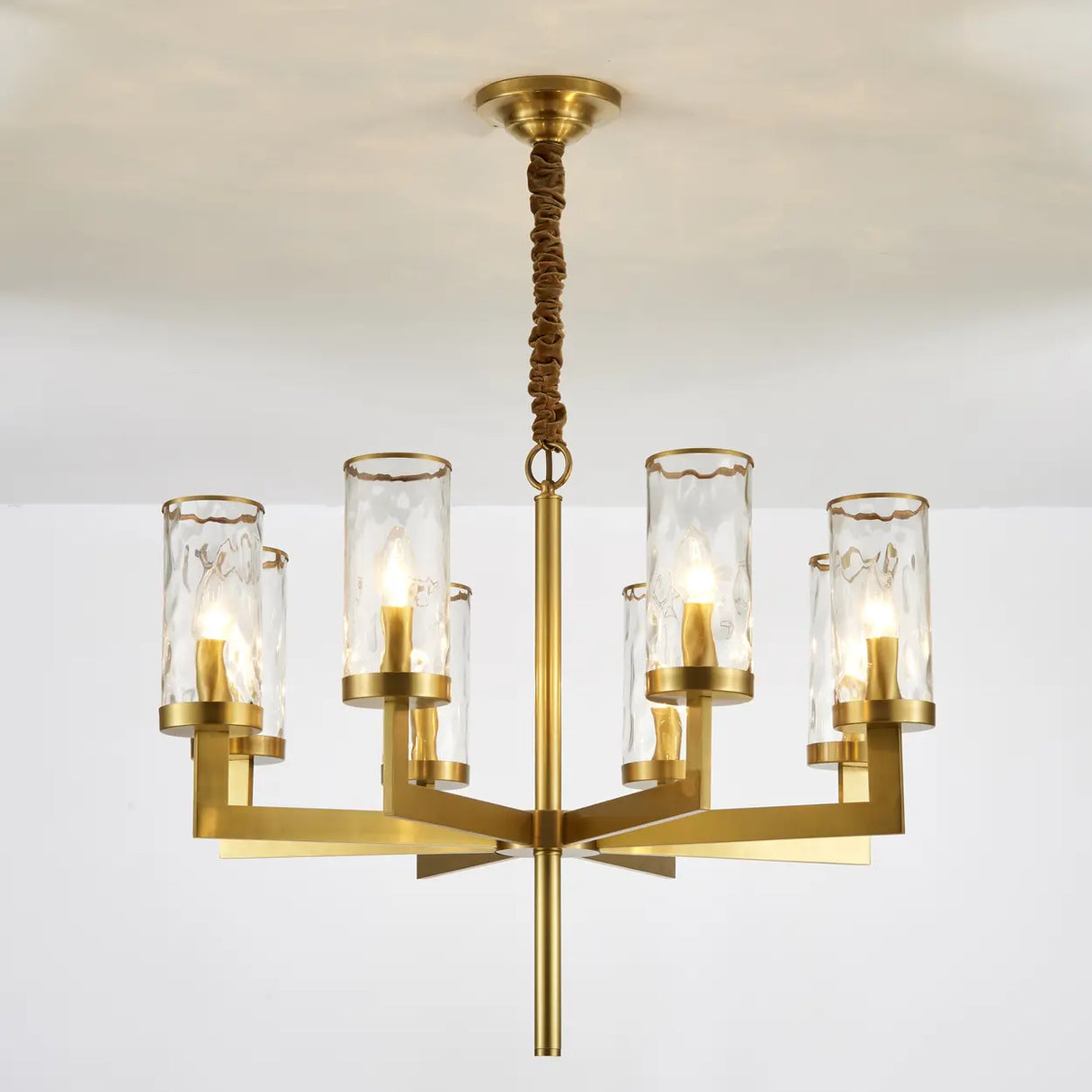 Modern Luxury Brass Textured Glass Cylinder Branch Chandelier Image - 3