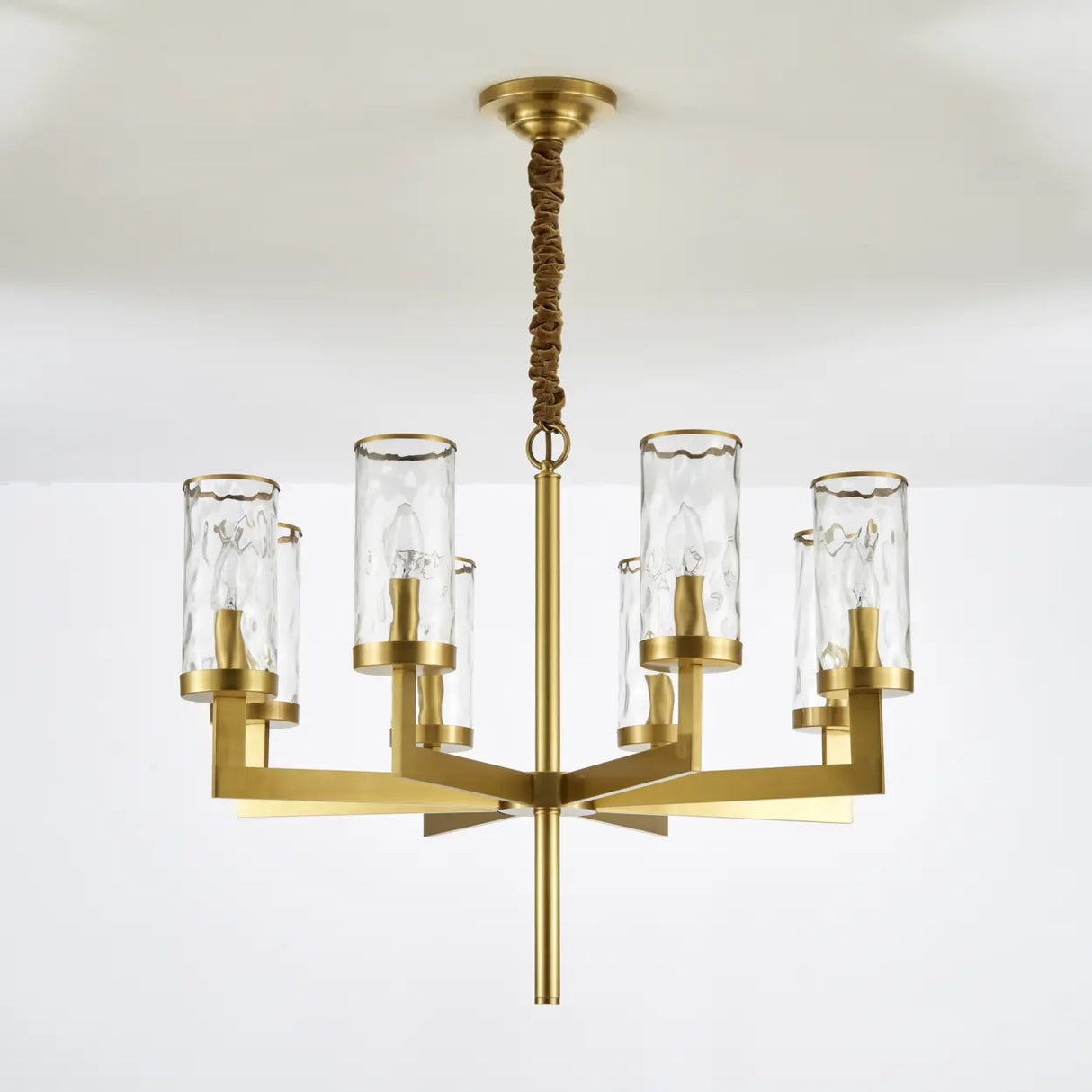 Modern Luxury Brass Textured Glass Cylinder Branch Chandelier Image - 4
