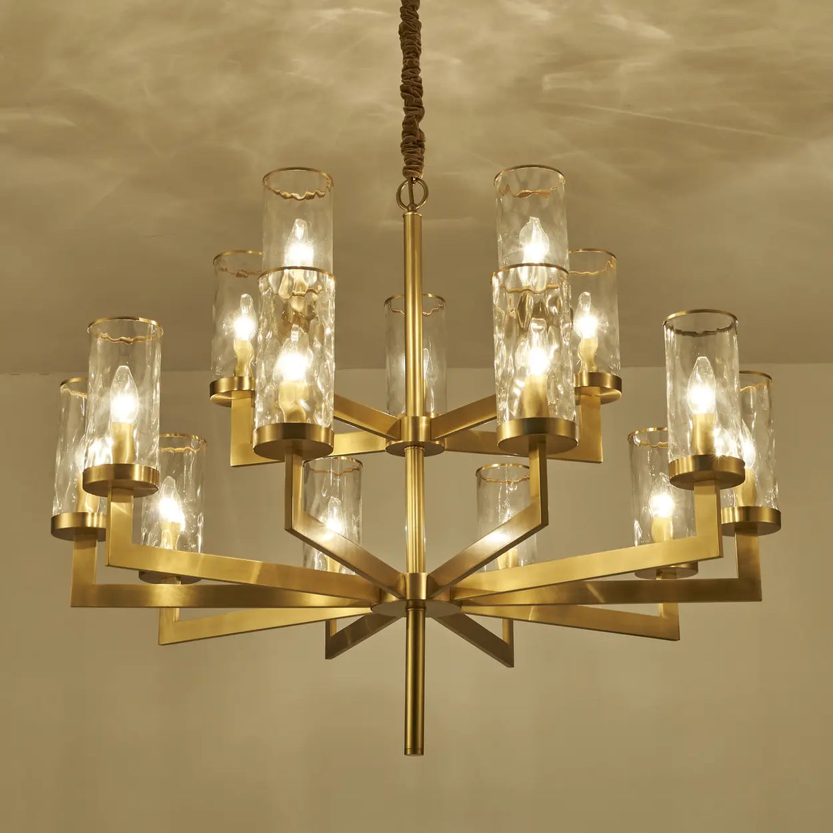 Modern Luxury Brass Textured Glass Cylinder Branch Chandelier Image - 5