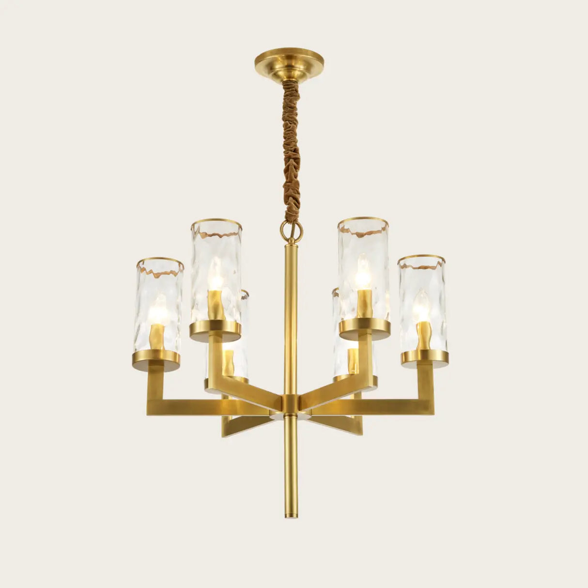 Modern Luxury Brass Textured Glass Cylinder Branch Chandelier Image - 8