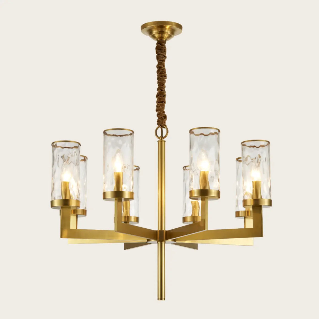 Modern Luxury Brass Textured Glass Cylinder Branch Chandelier Image - 9