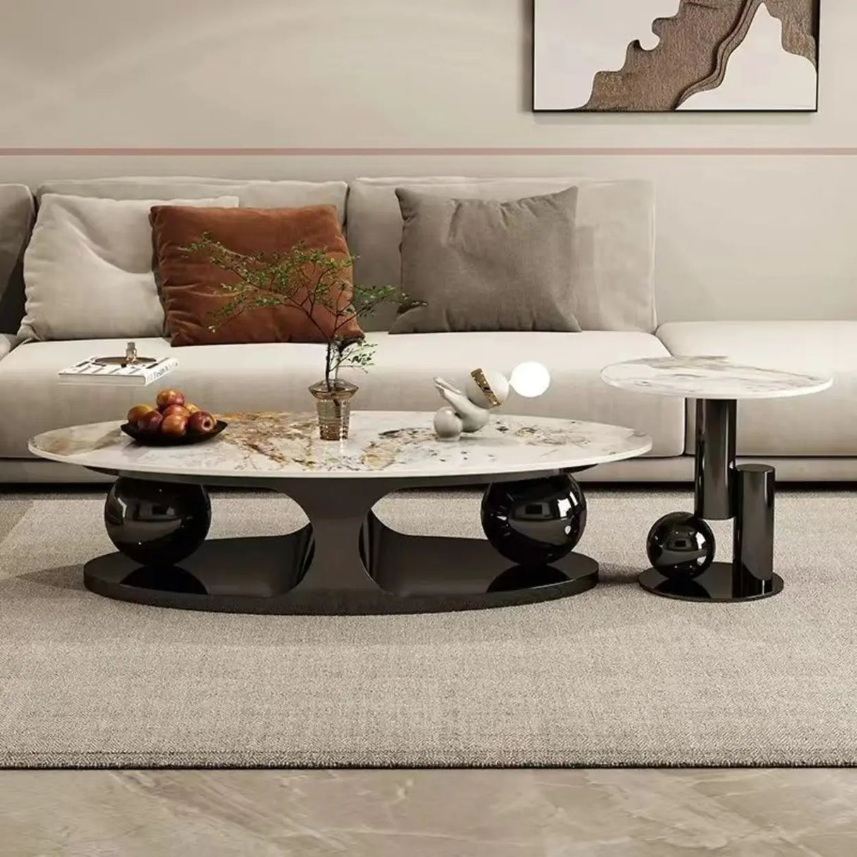 Modern Luxury Oval Stone Stain-Resist Coffee Table Image - 2