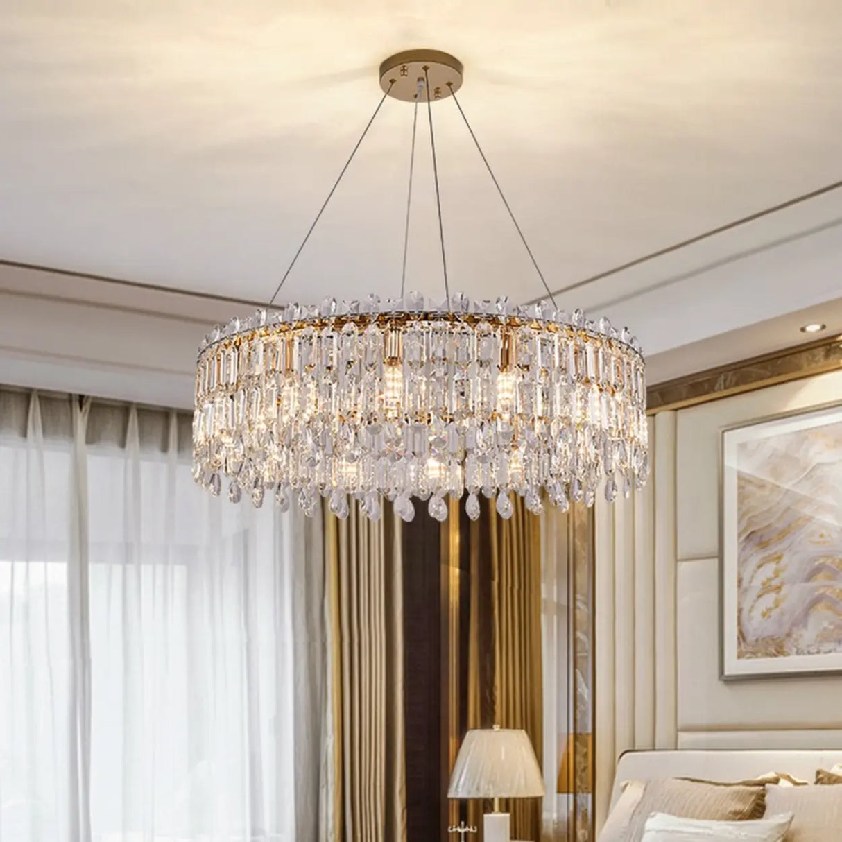 Modern Luxury Round Crystal Gold Hanging Chandelier Image - 1