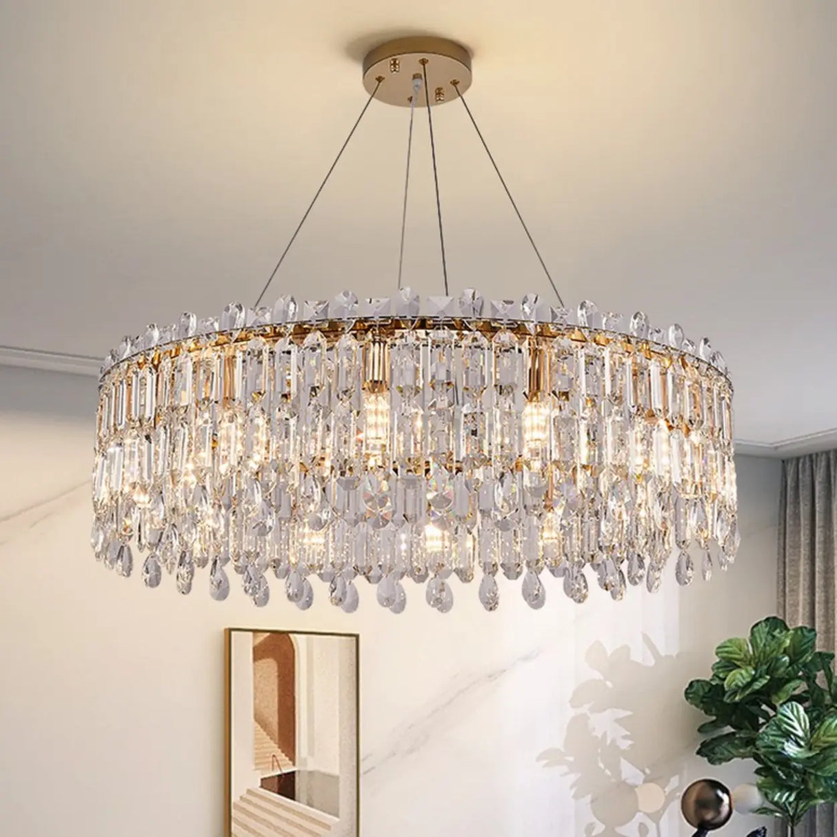 Modern Luxury Round Crystal Gold Hanging Chandelier Image - 2