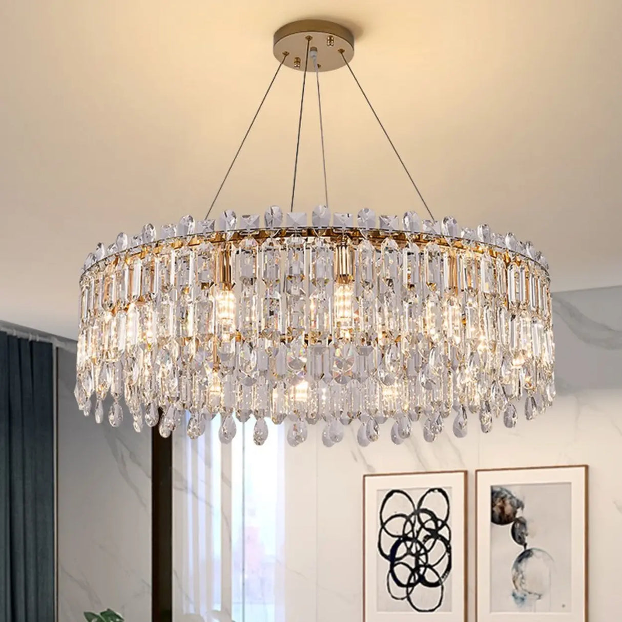 Modern Luxury Round Crystal Gold Hanging Chandelier Image - 3