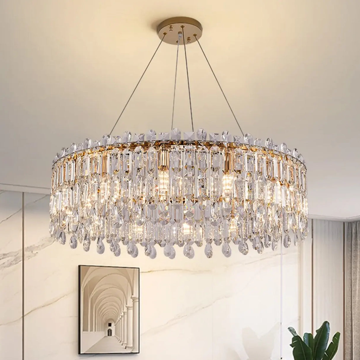 Modern Luxury Round Crystal Gold Hanging Chandelier Image - 6
