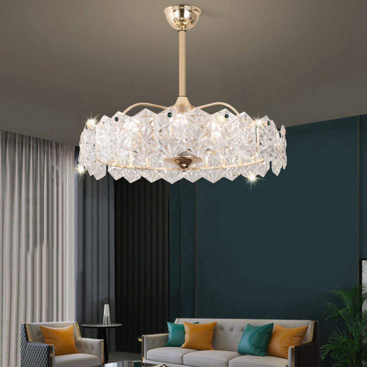Modern Luxury Round Glass Chandelier Fan with Light Image - 7