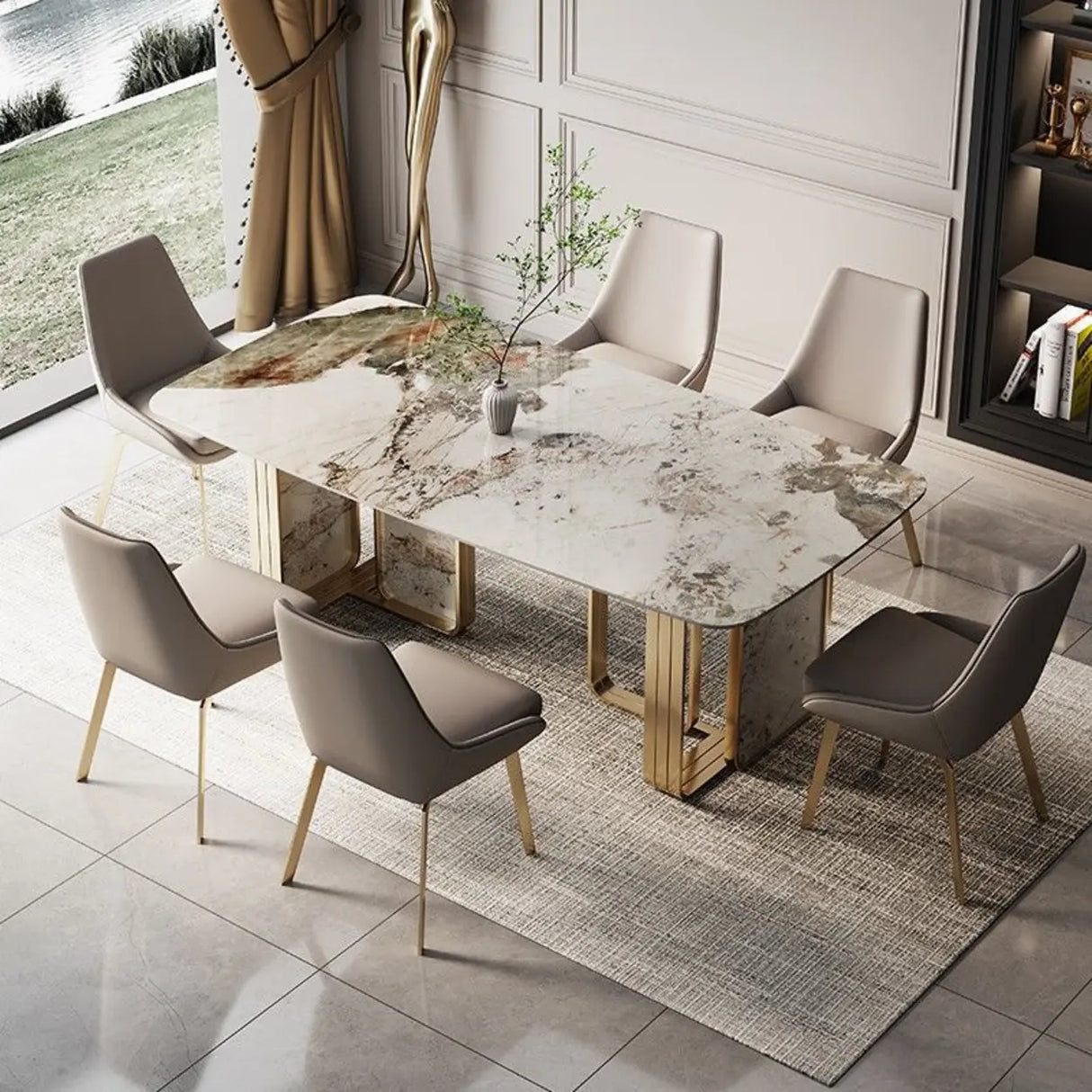 Modern Luxury Stone Gold Pedestal Rectangular Dining Table Image - 1
