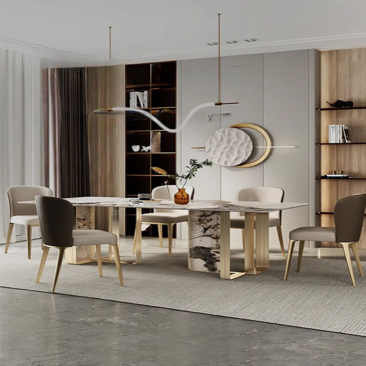 Modern Luxury Stone Gold Pedestal Rectangular Dining Table Image - 4