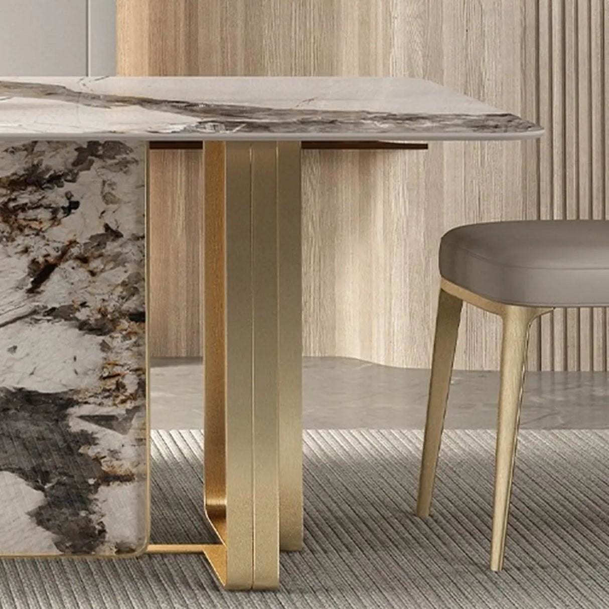 Modern Luxury Stone Gold Pedestal Rectangular Dining Table Image - 5