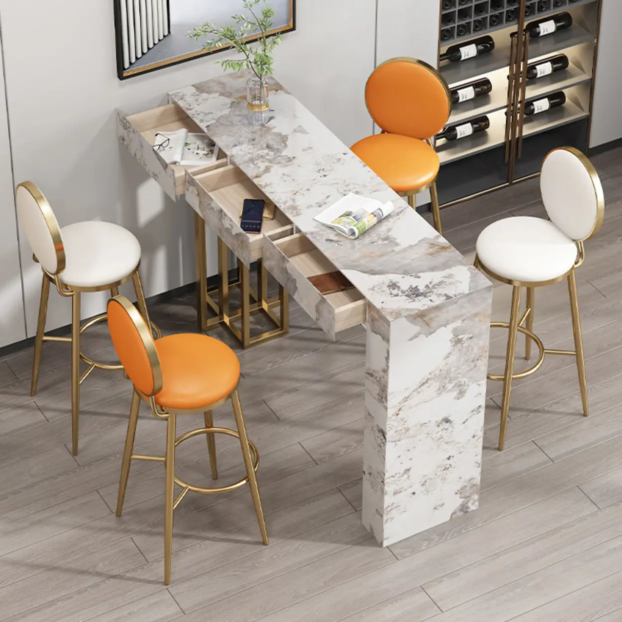 Modern Marble L-Shaped Bar Table with Drawers Image - 5