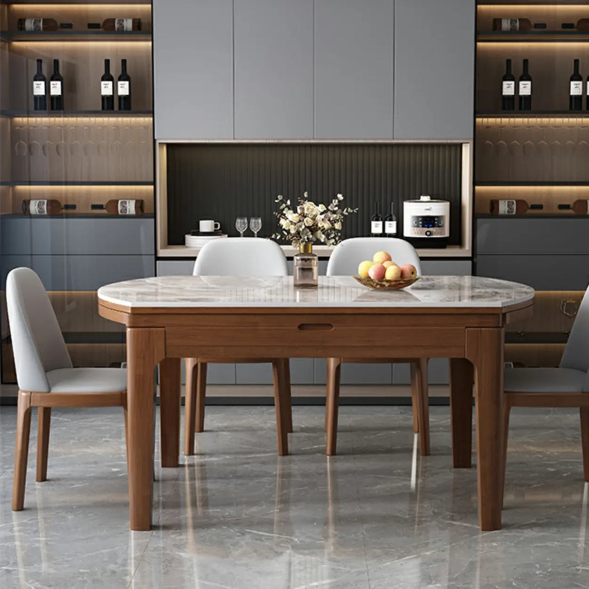 Modern Marble Rectangular Dining Table Extendable Gray Image - 2