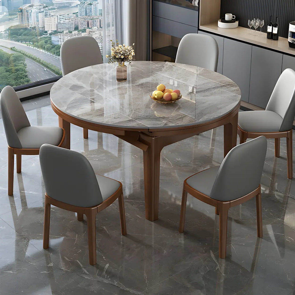 Modern Marble Rectangular Dining Table Extendable Gray Image - 3
