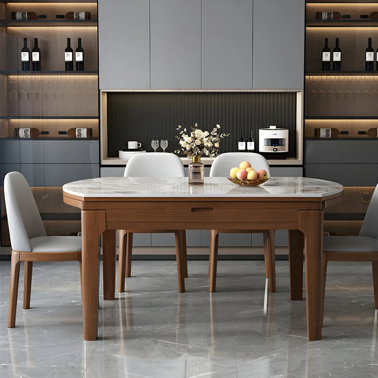 Modern Marble Rectangular Dining Table Extendable Gray Image - 4