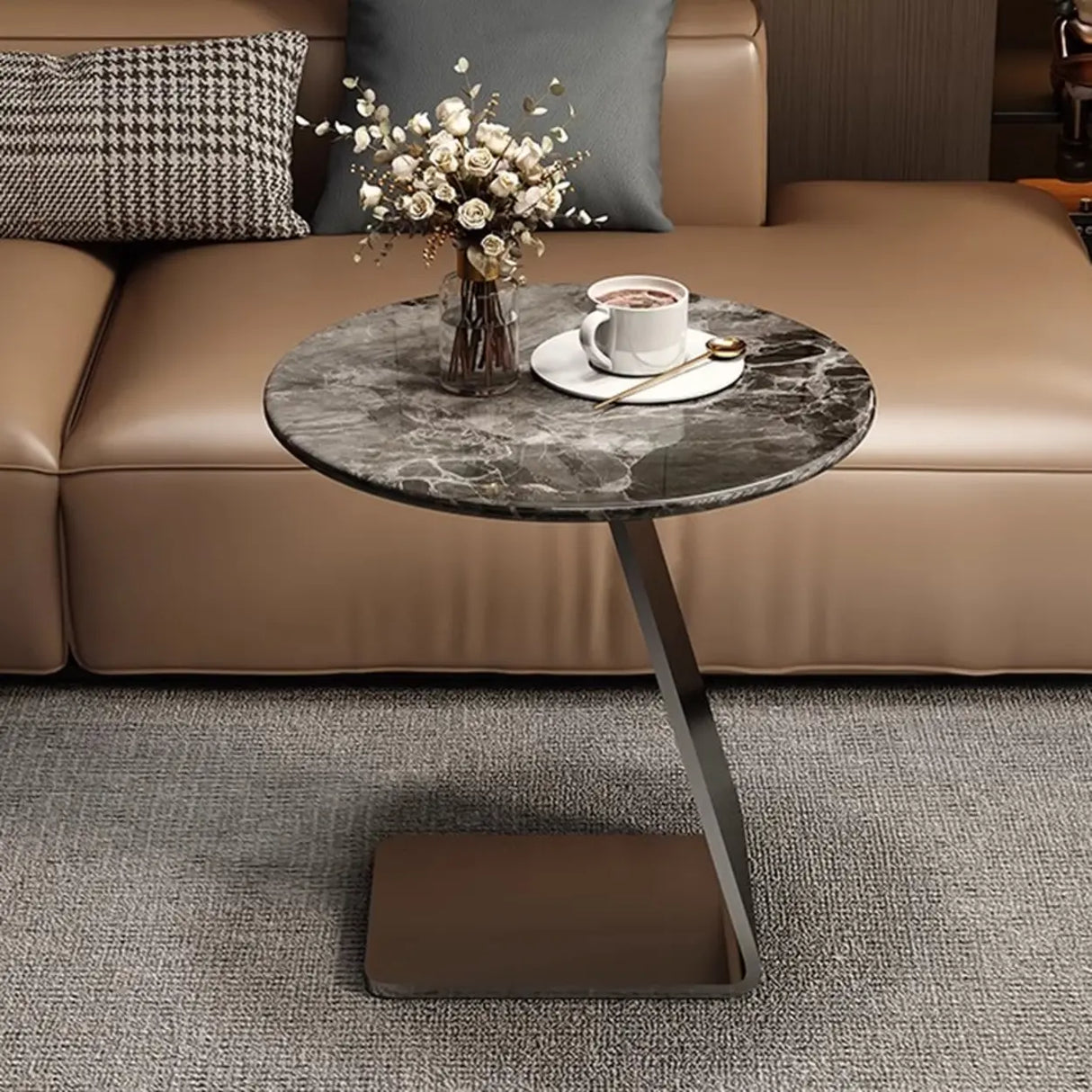 Modern Marble-Top C Table Side Table with Metal Base Image - 1