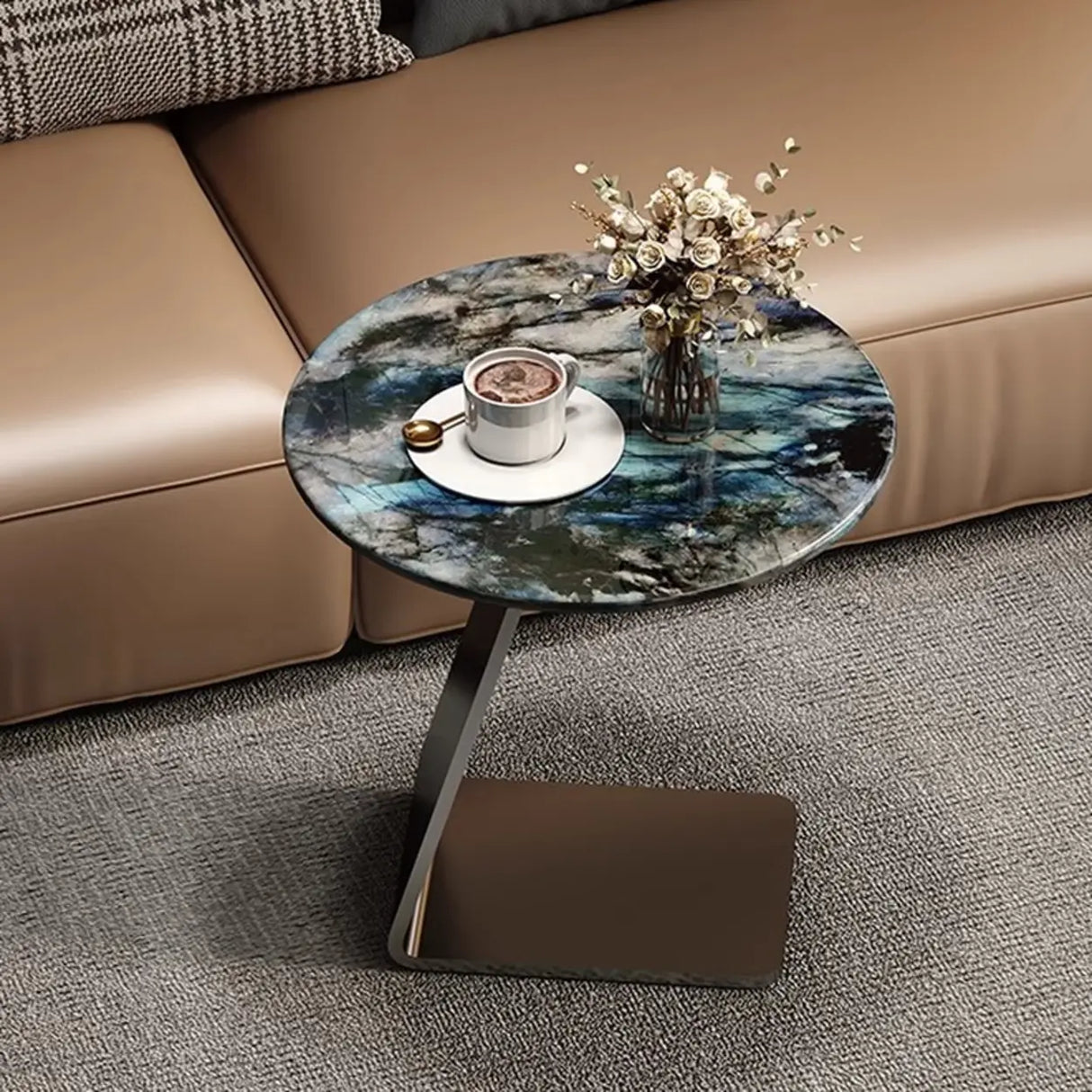 Modern Marble-Top C Table Side Table with Metal Base Image - 4