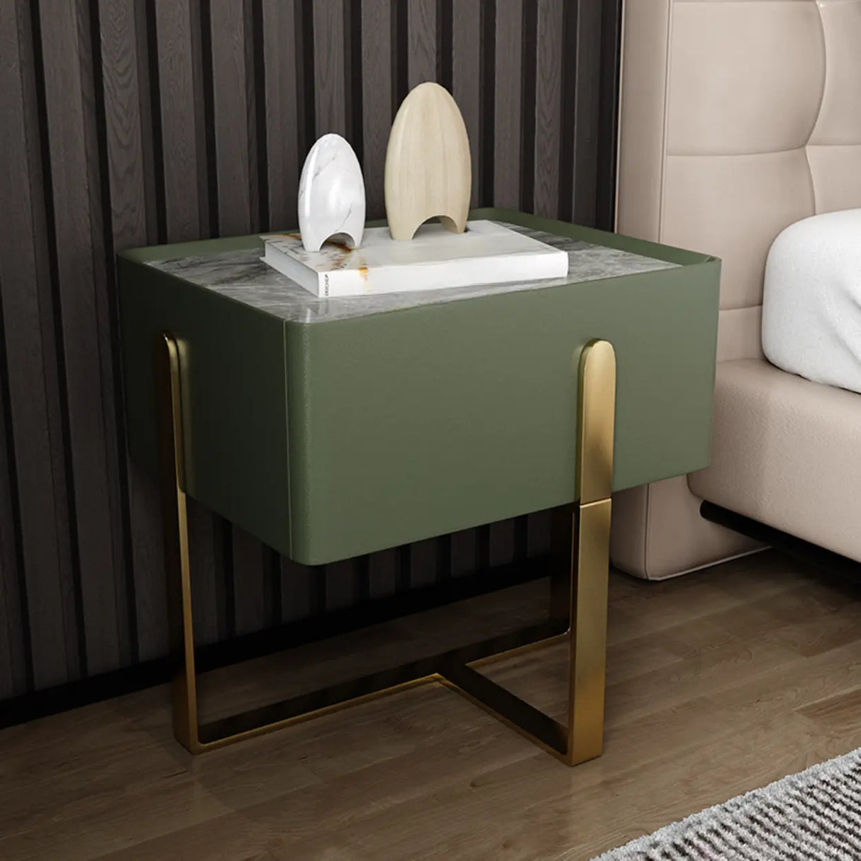 Modern Marble Top Gold Metal Leg Nightstand with Drawers Image - 12