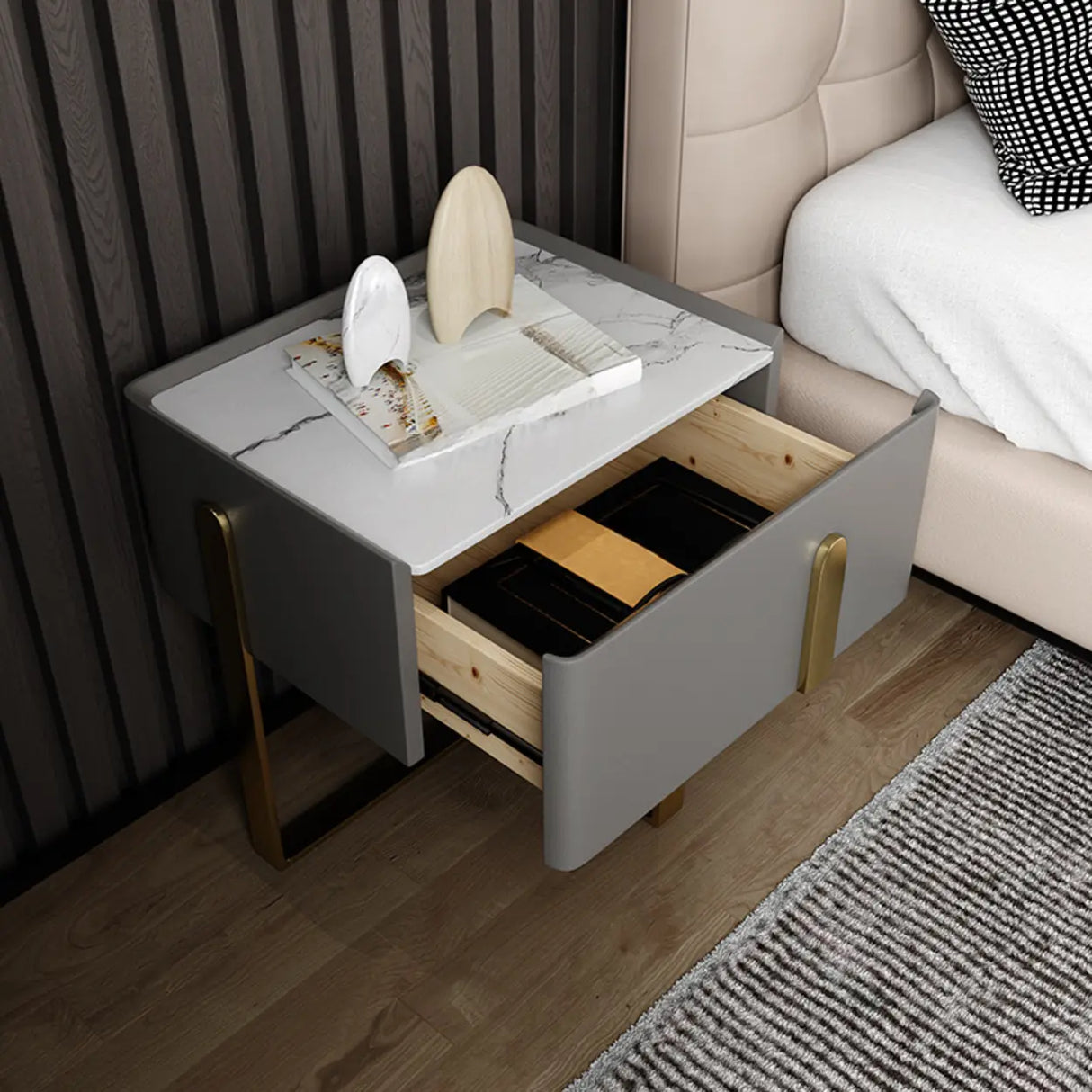 Modern Marble Top Gold Metal Leg Nightstand with Drawers Image - 13