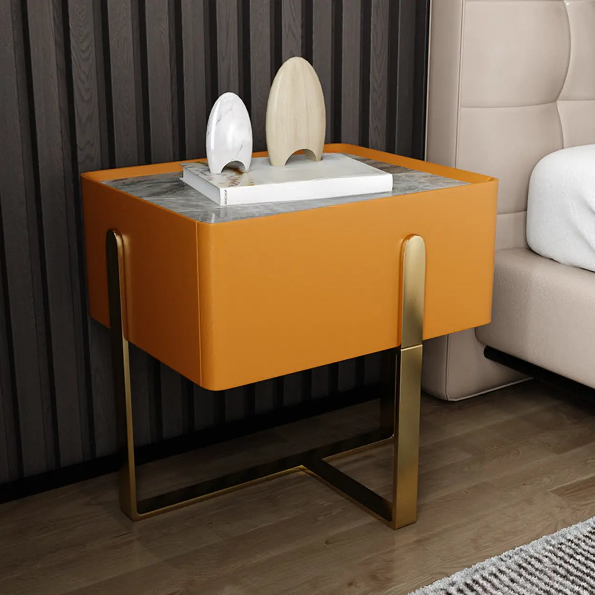 Modern Marble Top Gold Metal Leg Nightstand with Drawers Image - 2