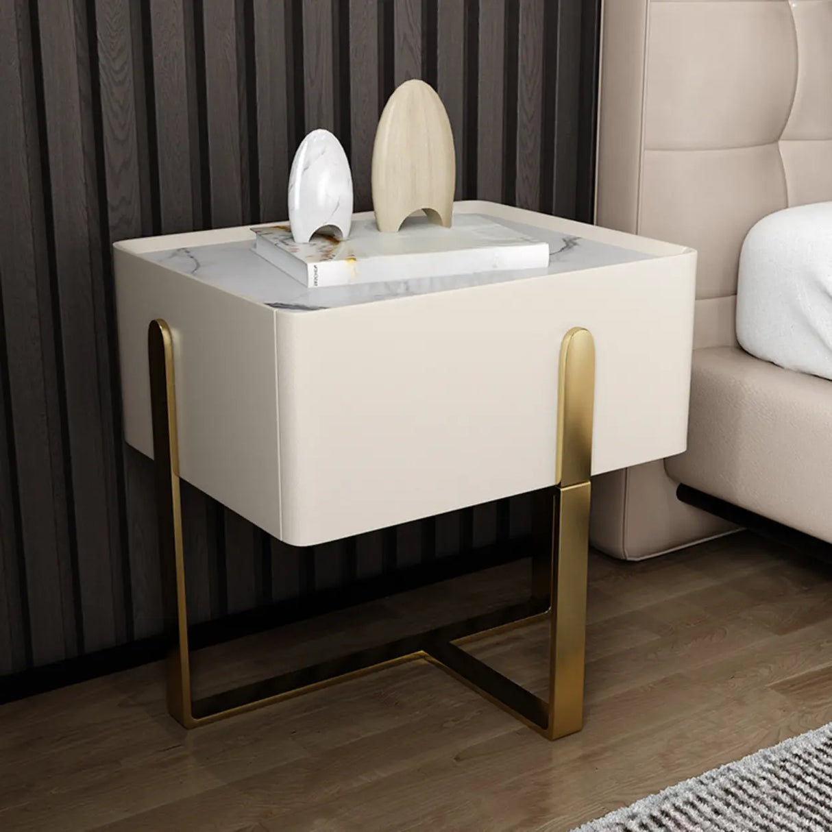 Modern Marble Top Gold Metal Leg Nightstand with Drawers Image - 3