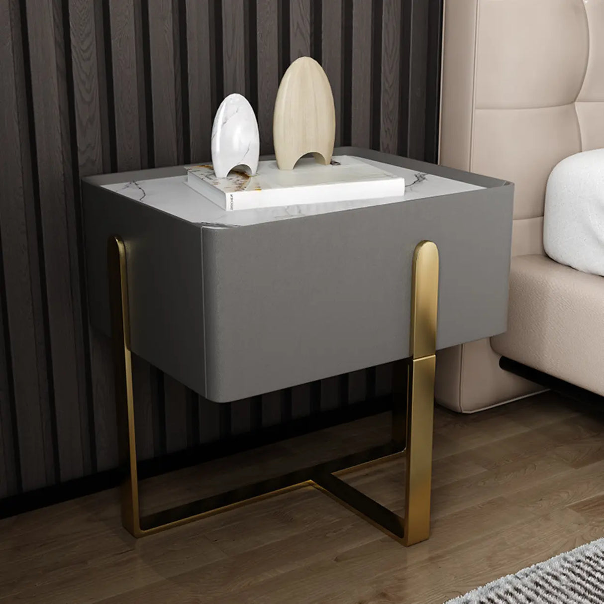 Modern Marble Top Gold Metal Leg Nightstand with Drawers Image - 4